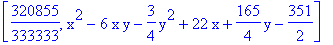 [320855/333333, x^2-6*x*y-3/4*y^2+22*x+165/4*y-351/2]
